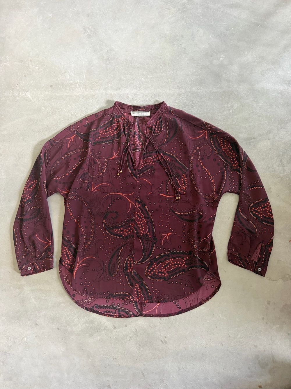 Abercrombie & Fitch Burgundy and Black Paisley Tie-Neck Blouse